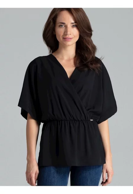 Дамска блуза Ленитиф черна с кимоно ръкави ластик от полиестер