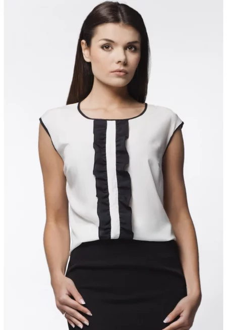 Дамска блуза -  Полиестер - Екрю/Черно