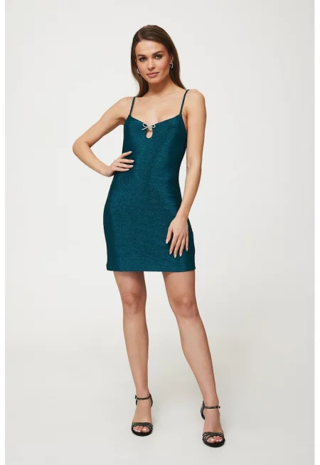 Дамска рокля - металик мини с декоративни апликации - Полиестер - Синя
