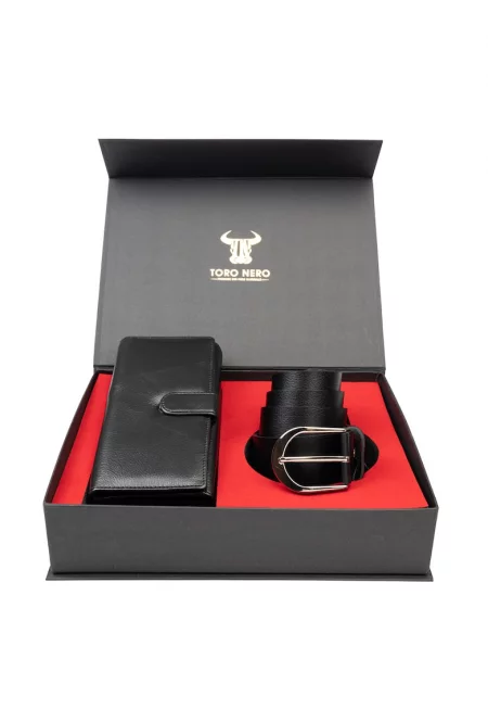 Дамски портфейл и комплект колан - естествена кожа - черен - Reset-Thick