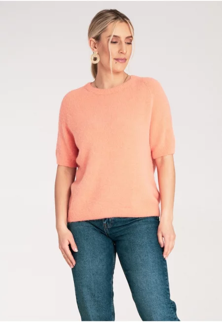 Дамски пуловер -  коралов цвят - мека плетка - къс ръкав - кръгло деколте - SM