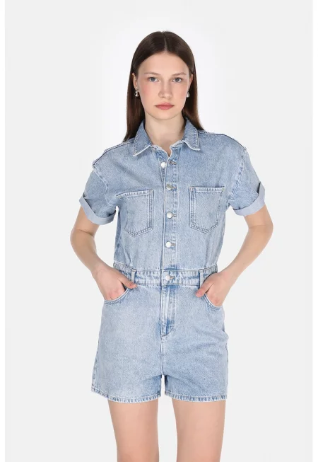 Дънков къс гащеризон с копчета - Светлосин