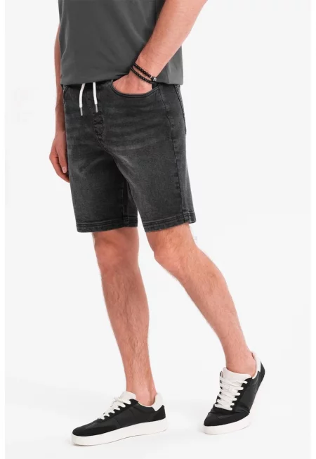 Дънкови бермуди с регулируема талия - Избеляло черно