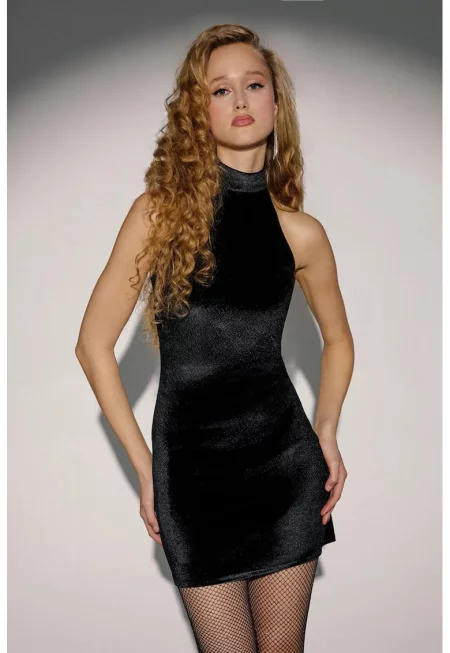 Кадифена рокля с прилепнало деколте -  деколте тип „халтер“ - черно - джърси