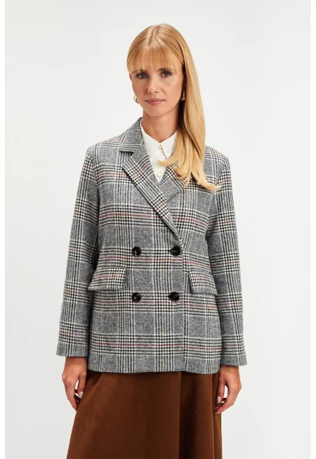 Карирано сако с джобове с капаче - Червен/Светло сив/Избеляло черно