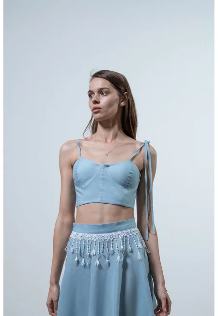 Къс ленен топ - Светлосин