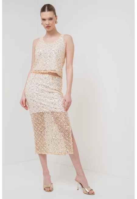 Къс топ Prater с пайети - Бял/Златист