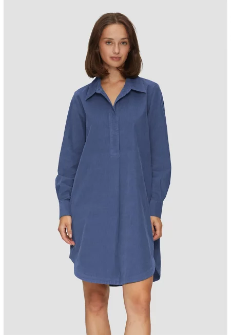 Къса памучна рокля с дълги ръкави - Прашно синьо