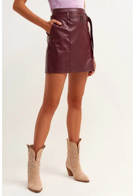 Къса права пола с колан - Бордо
