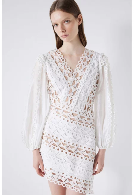 Къса рокля с шпиц - Бял/Светлокафяв