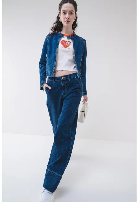 Късо вталено яке от деним - Тъмносин