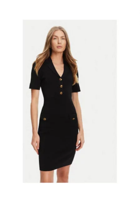 Knitted Dress With V Neckline - Черен