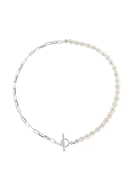 Колие ag.925 с бели култивирани перли 6 -5 мм + верижка с кламери - закопчалки S - Сребрист