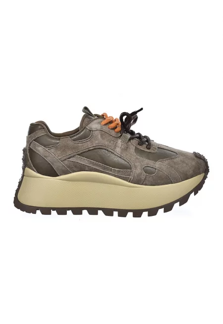 Кожени спортни обувки с равна платформа и велур - Сиво-кафяв/Каки