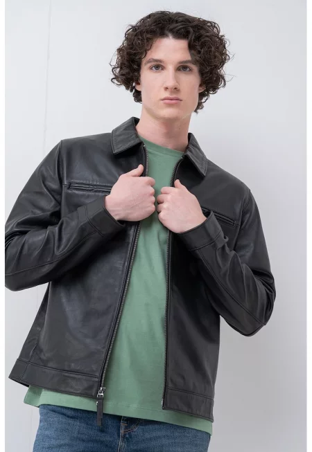 Кожено яке със странични джобове - Черен