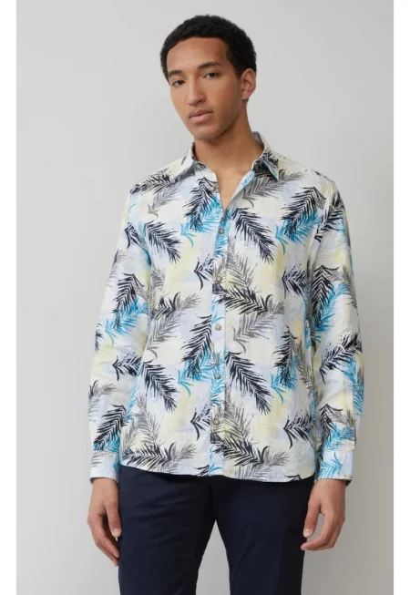 Мъжка ленена риза с флорален принт и Regular Fit кройка - бяла - Бял/Черен/Жълт/Син