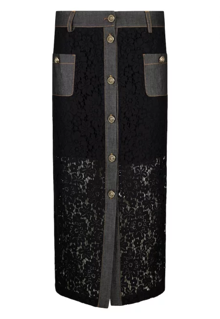 Миди пола с дантелено покритие - Черен
