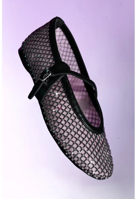 Мрежести пантофки с декоративни камъни - Черен/Бежов