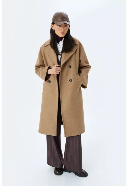 Палто с двуредно закопчаване - Камел