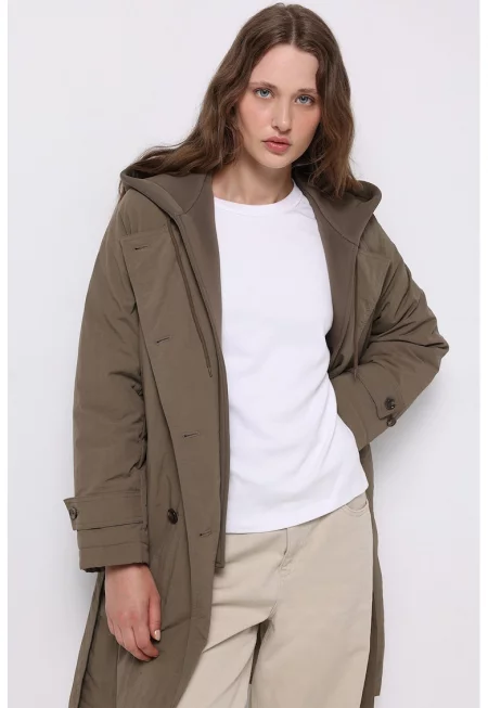 Палто с качулка и дизайн 2 в 1 - Тъмнокафяв