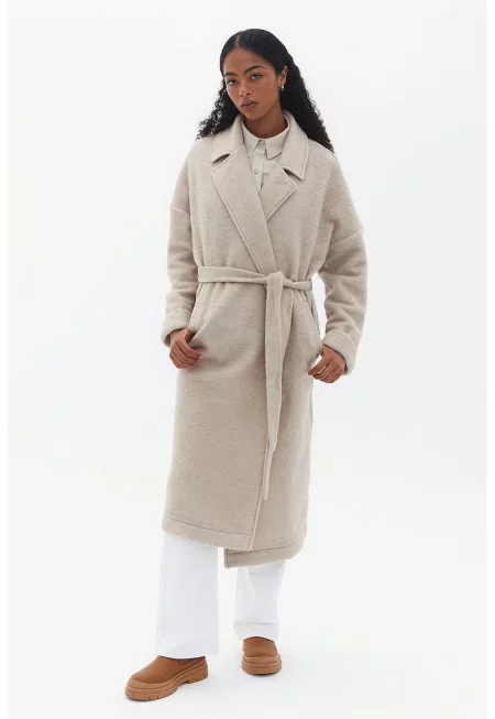 Палто с вълна с колан - Сиво-кафяв