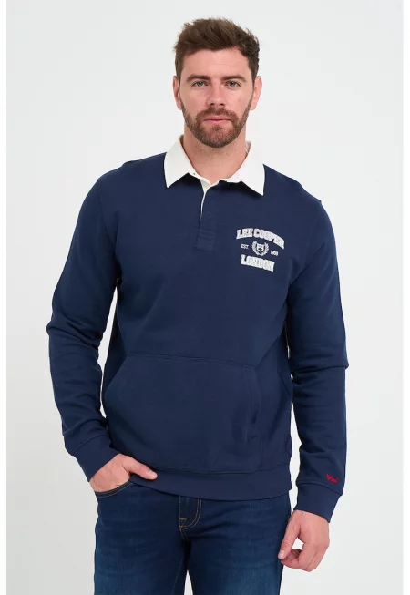 Памучен суитшърт с яка и джоб кенгуру - Тъмносин