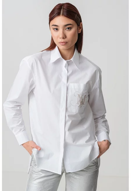 Памучна риза Lambert с десен и асиметричен подгъв - Бял/Бледооранжев