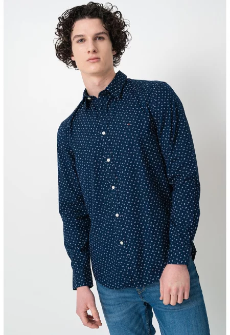 Памучна риза на точки - Тъмносин