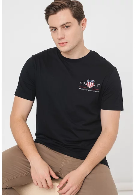 Памучна тениска със стандартна кройка и лого - Черен