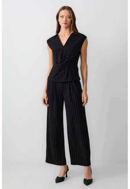 Панталон с висока талия и райе - Черен