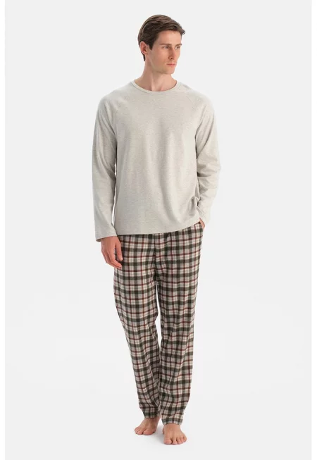 Пижама с ръкави реглан - Тъмнозелен/Светло бежово