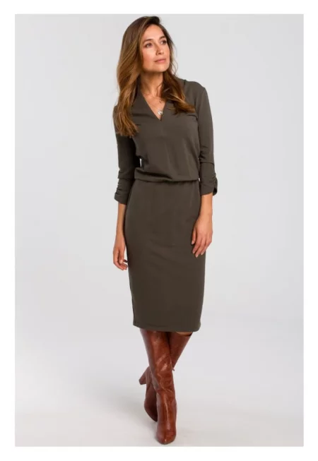 Плетена рокля с деколте - маслиненозелена -