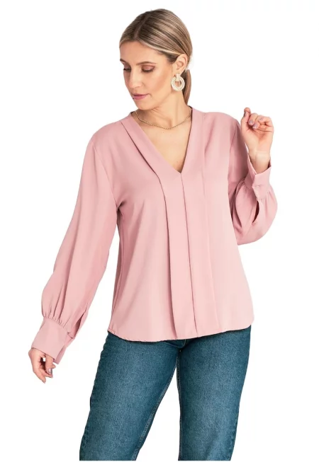 Полиестерна блуза -  розова - елегантни детайли - мек материал - за жени - размер SM