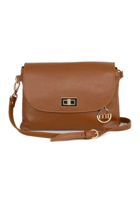 Правоъгълна кожена чанта през рамо - Карамел