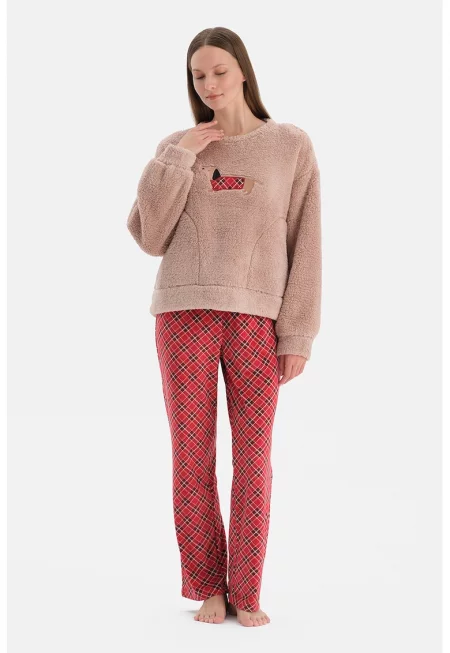 Пухена пижама с каре - Червен/Светлокафяв