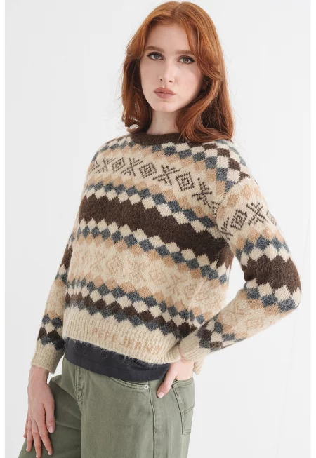 Пуловер с вълна с геометрична шарка - Тъмносин/Тъмнокафяв/Светло бежово