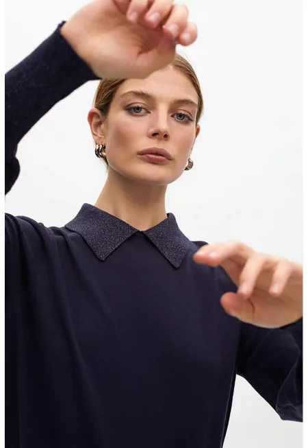 Пуловер с яка и набирания - Тъмновиолетов