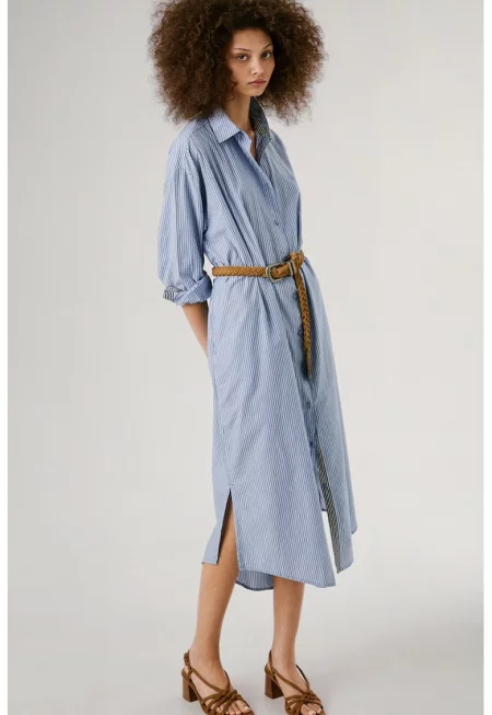 Раирана миди рокля-риза - Бял/Лавандула