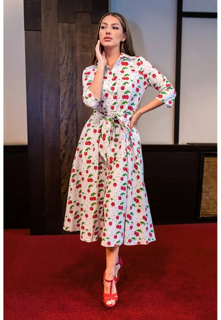 Разкроена рокля-риза с колан - Бял/Аленочервен