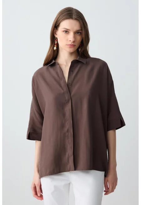 Риза с модал с паднали ръкави - Тъмнокафяв