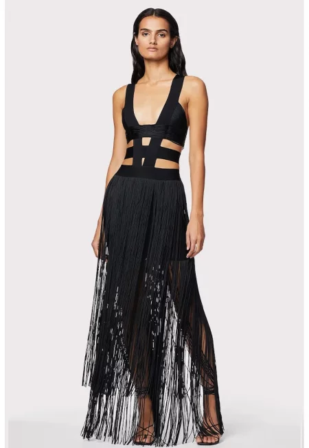 Rochie cu franjuri si decolteu adanc in V - Черен