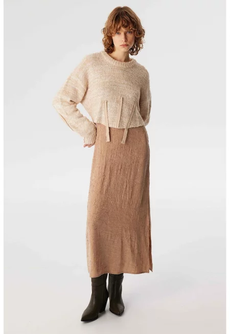 Рокля с дълги ръкави и дизайн 2 в 1 - Бежов