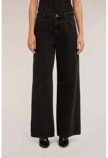 Широки дънки с миди талия - Черен