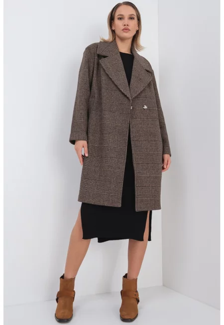 Уголемено карирано палто с вълна - Сиво-кафяв/Избеляло черно