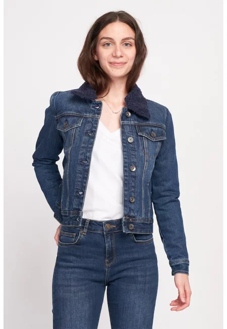 Яке от деним с яка от еко пух - Тъмносин