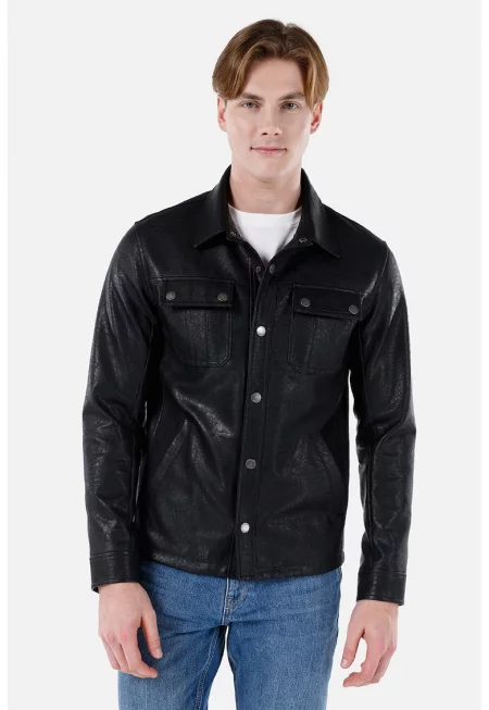 Яке от еко кожа с джобове с капаче - Черен