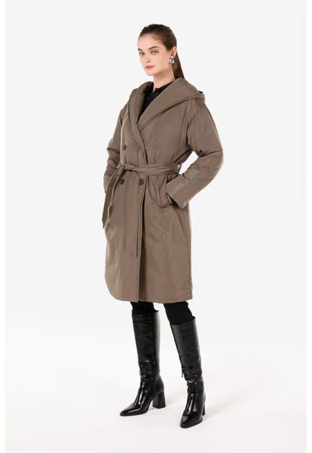 Застъпено двуредно палто с качулка - Тъмнокафяв