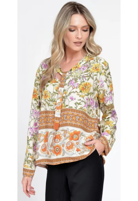 888143230-Дамска блуза с дълъг ръкав и панделка - Бежова с комбиниран принт