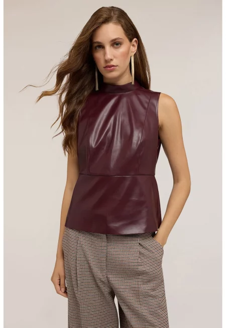 Блуза от еко кожа без ръкави - Тъмновиолетов