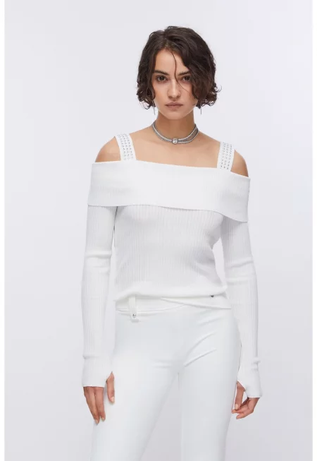 Блуза с цепки на ръкавите за палеца - Бял